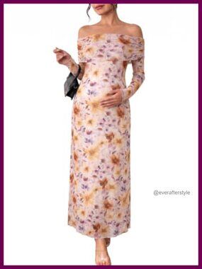 Womens Off Shoulder Floral Midi Maternity Dress Long Sleeve Mesh Bodycon